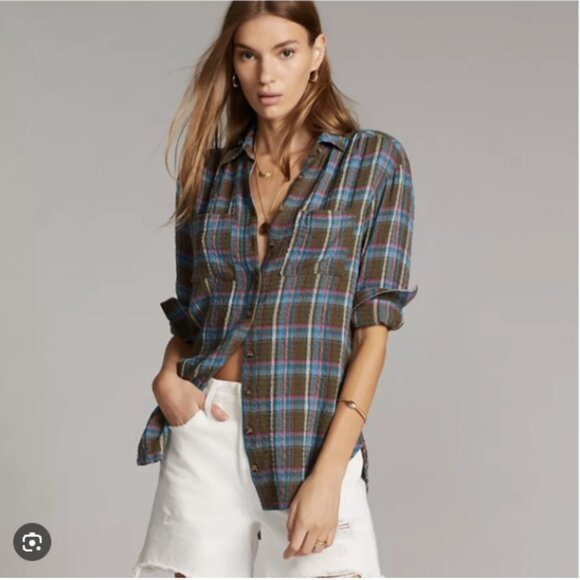 Anthropologie Pilcro Seamed Green Plaid Tunic Oversized Button Down Flowy Sz XL - Picture 2 of 6